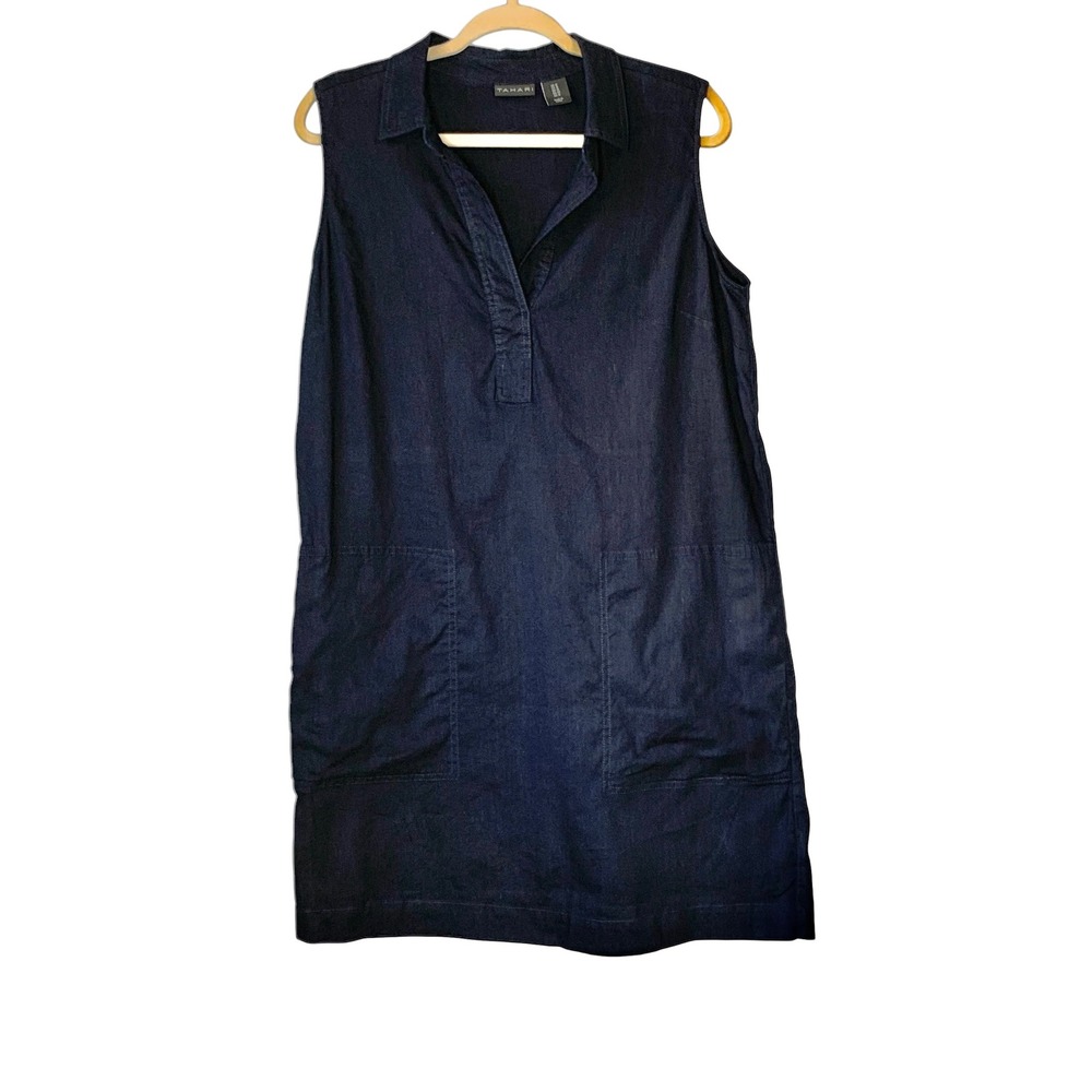 Tahari navy linen blend sleeveless popover split‎ collared shirt dress. Size 12